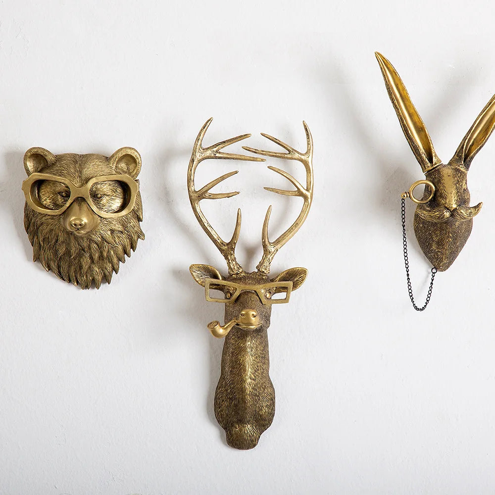 Antique Bronze Resin Animal Pendant Golden Deer Head Wall Storage Hook Up Background Accessories