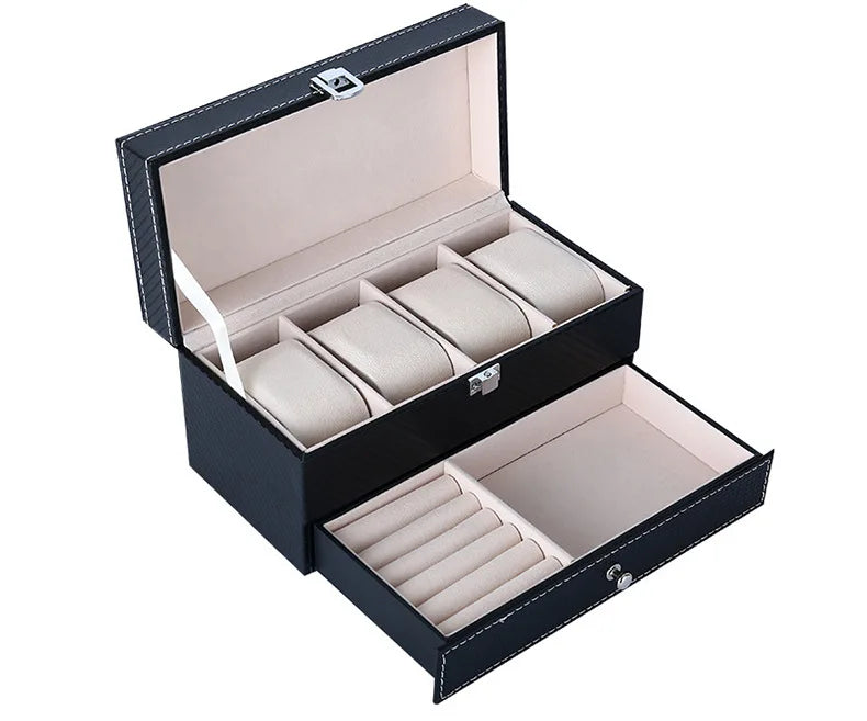4-Position Double-Layer Multi-Purpose Jewelry Watch Box PU Leather Necklace Earring Bracelet Ring