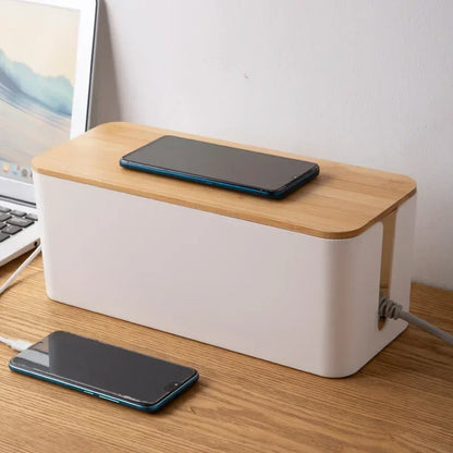 Wooden Cable Storage Box Hides Clutter Wooden-Style Finish Safe and Ventilated