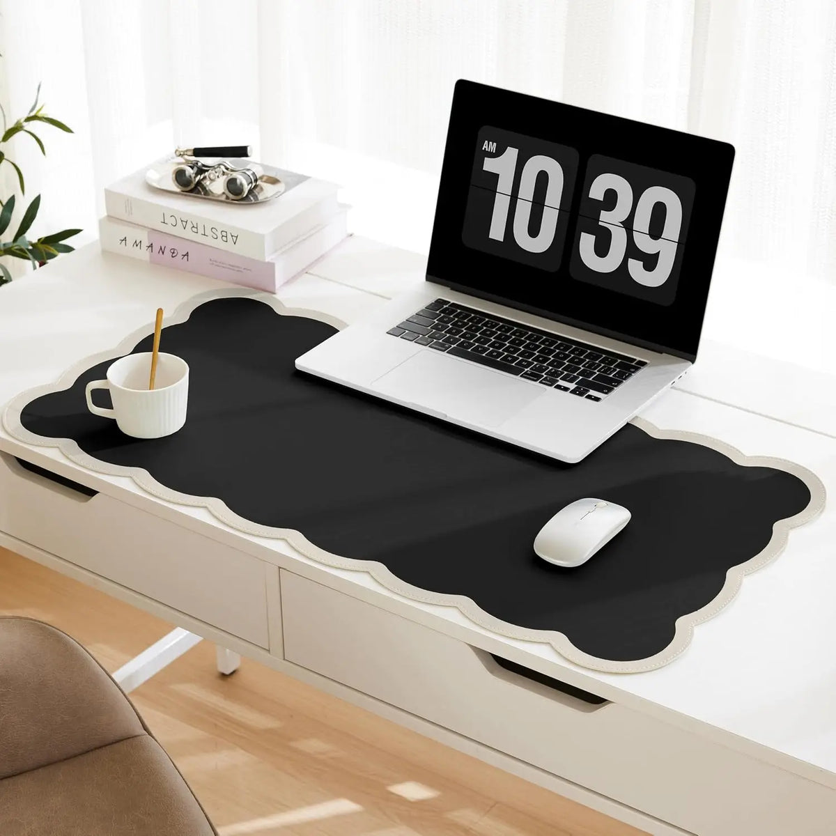 Scalloped Desk Mat PU Leather Large Desk Pad 80 x 40cm