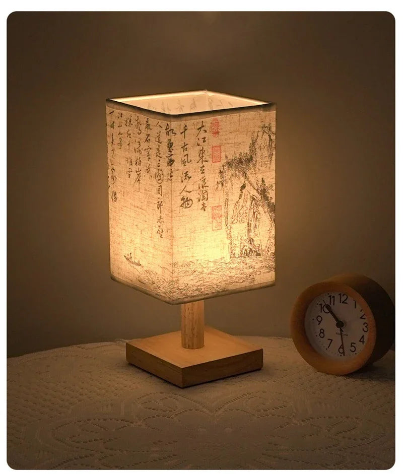 Chinese Style LED Table Lamp Dimmable Fabric Lampshade Square Bedroom Bedside Plug Night Light