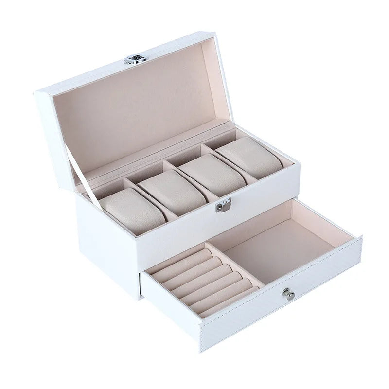 4-Position Double-Layer Multi-Purpose Jewelry Watch Box PU Leather Necklace Earring Bracelet Ring