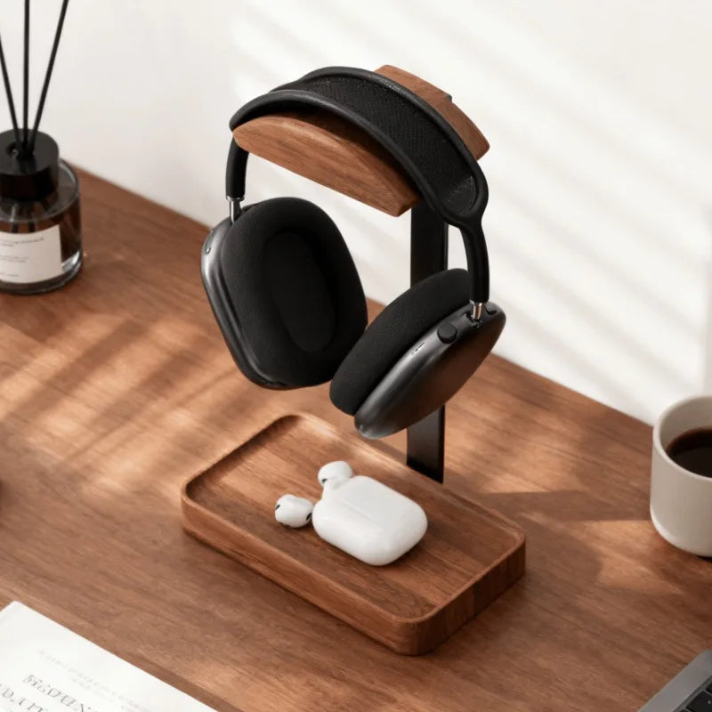 Walnut Wood & Aluminium Headphone Stand Desktop Holder with Storage Base