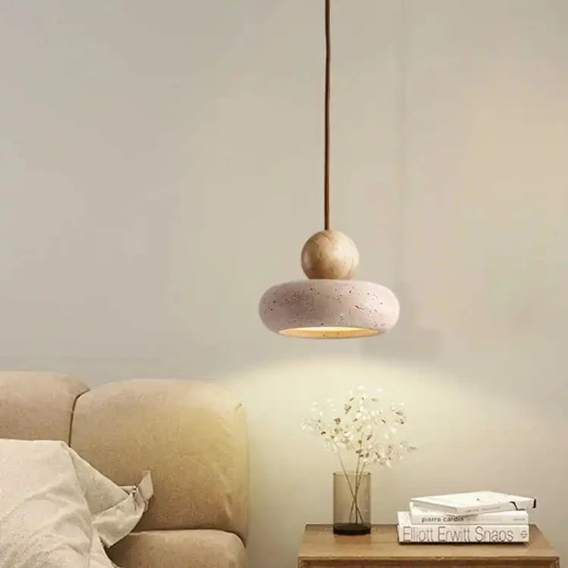 Vintage Pendant Light Natural Yellow Agate Stone Bedroom Bedside Log Walnut Wood Nordic Warm Glow
