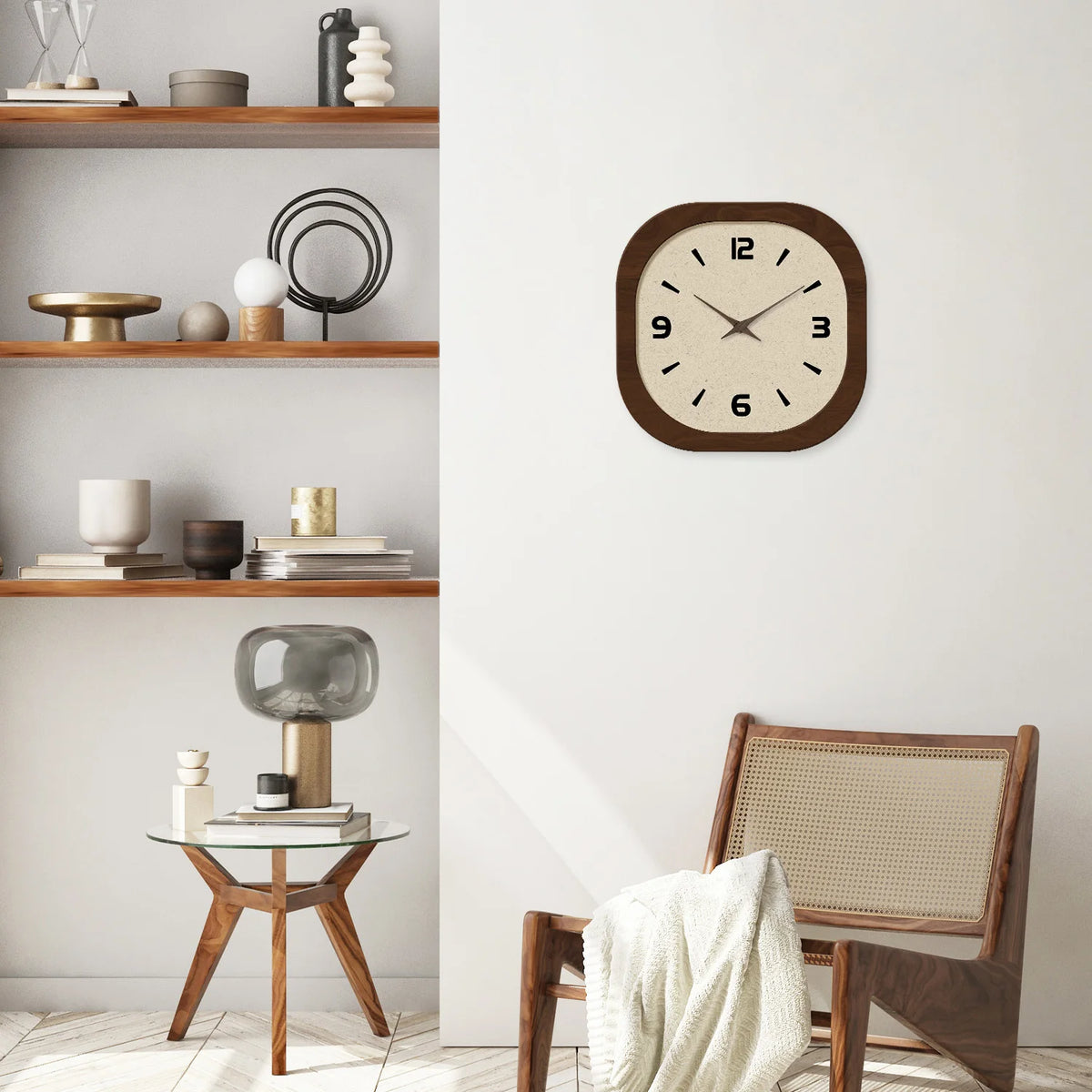 French-Style Retro Cream Crystal Porcelain Square-Shaped Simple Pattern Wooden Wall Clock for