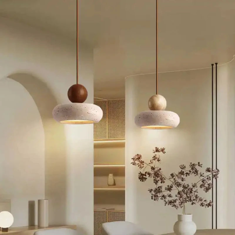 Vintage Pendant Light Natural Yellow Agate Stone Bedroom Bedside Log Walnut Wood Nordic Warm Glow
