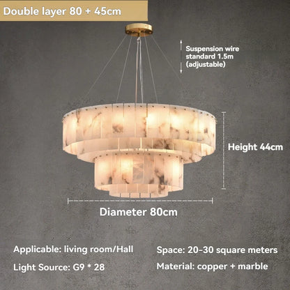 Natural Marble & Brass Ring Chandelier Pendant Light Round Linear & 2-Tier