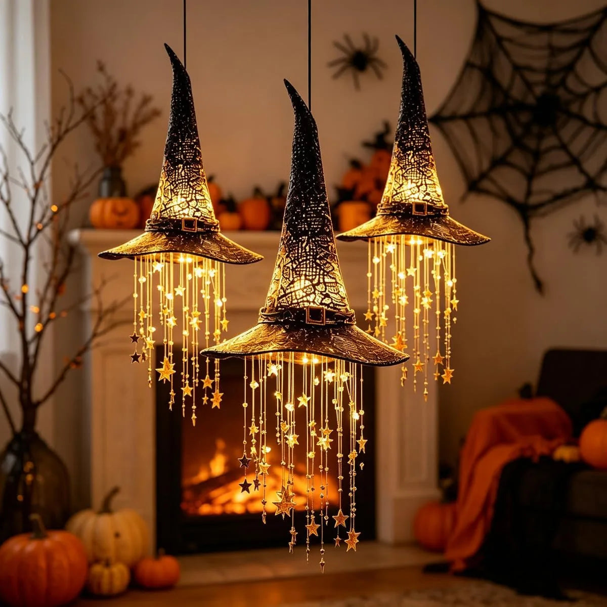 Lighted Witch Hat Hanging Decoration LED Cascading Stars Halloween Ornament