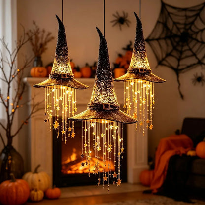 Lighted Witch Hat Hanging Decoration LED Cascading Stars Halloween Ornament