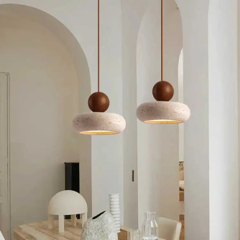 Vintage Pendant Light Natural Yellow Agate Stone Bedroom Bedside Log Walnut Wood Nordic Warm Glow