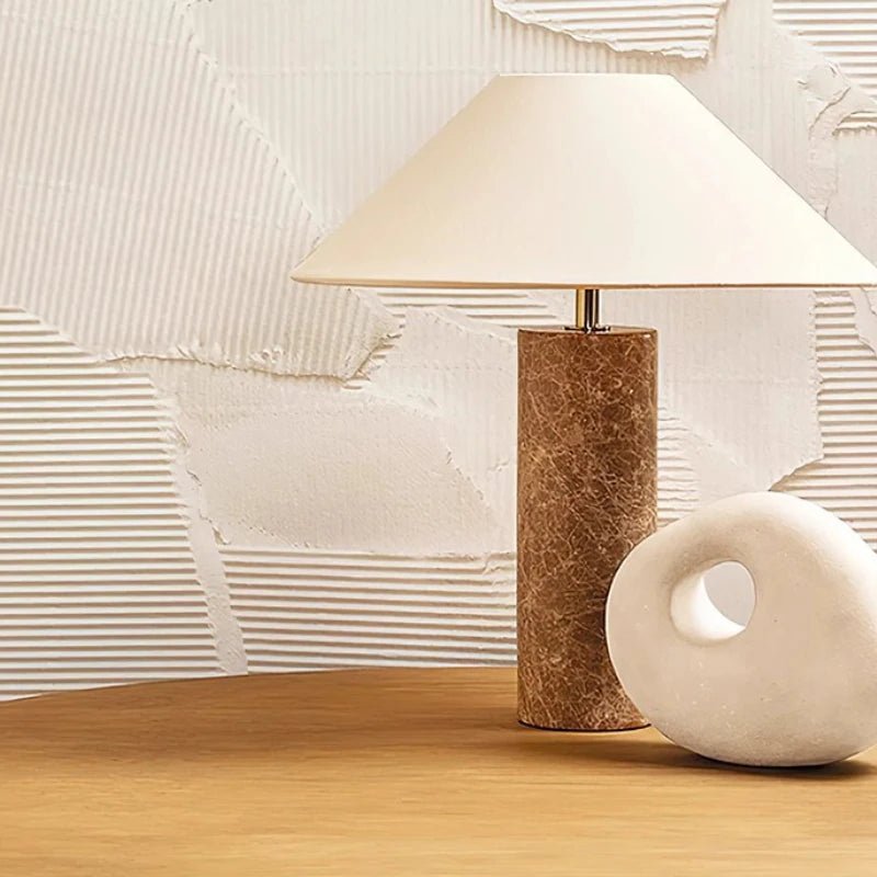 Cylindrical Marble LED Table Lamp White Fabric Lampshade Living Room Study Restaurant Bedroom Desk