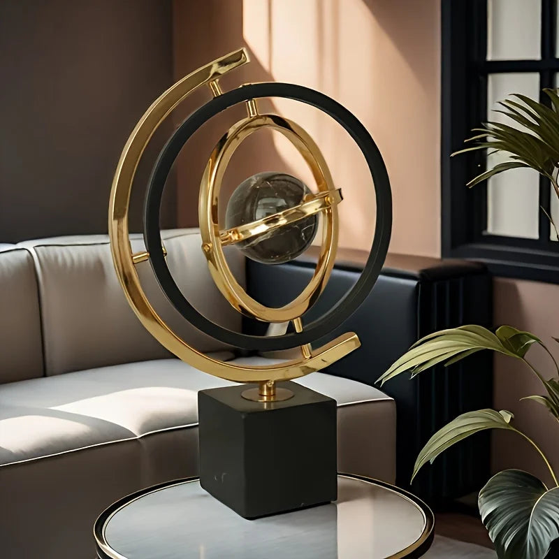 Modern Abstract Metal Globe Sculpture Black Golden Art Decor with Rectangular Base for Home Office