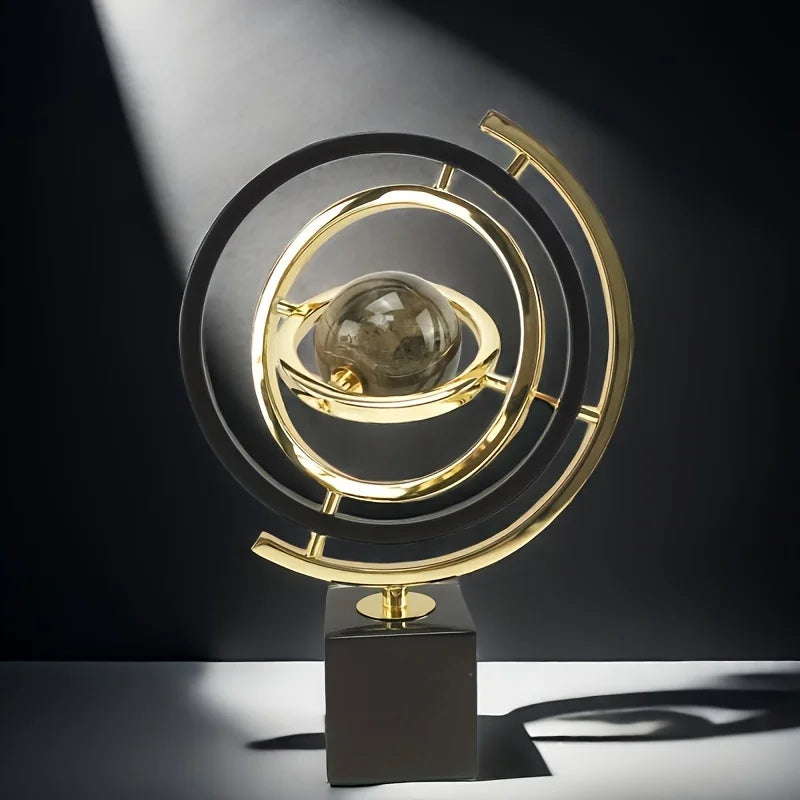Modern Abstract Metal Globe Sculpture Black Golden Art Decor with Rectangular Base for Home Office