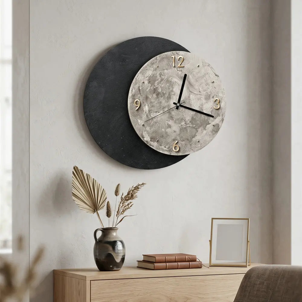 Black Moon Wooden Wall Clock 40cm Silent Non-Ticking Vintage Decor