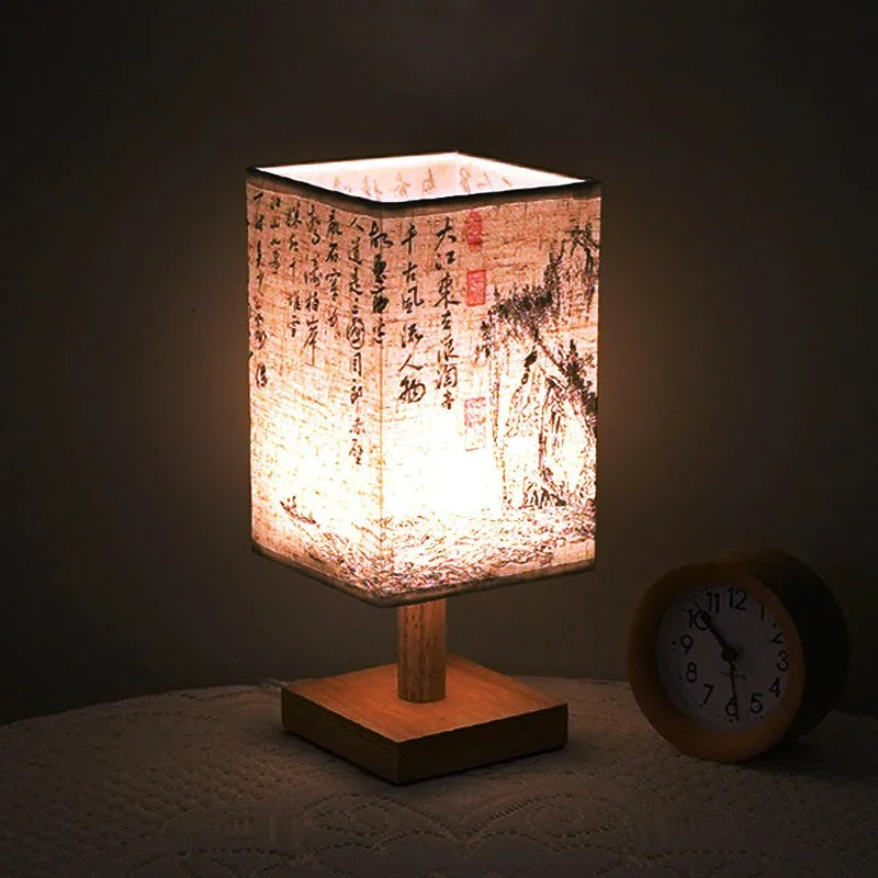 Chinese Style LED Table Lamp Dimmable Fabric Lampshade Square Bedroom Bedside Plug Night Light