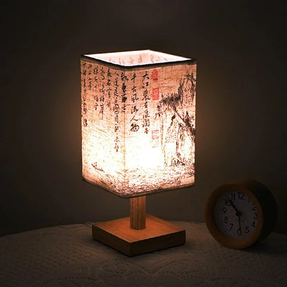Chinese Style LED Table Lamp Dimmable Fabric Lampshade Square Bedroom Bedside Plug Night Light