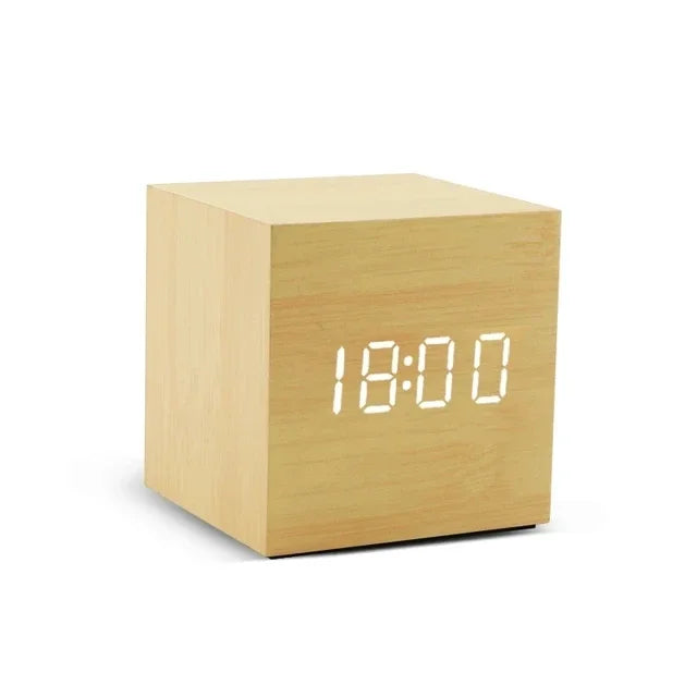Wooden Digital Alarm Clock with Temperature Sound Control Electronic Clocks Desktop USB/AAA