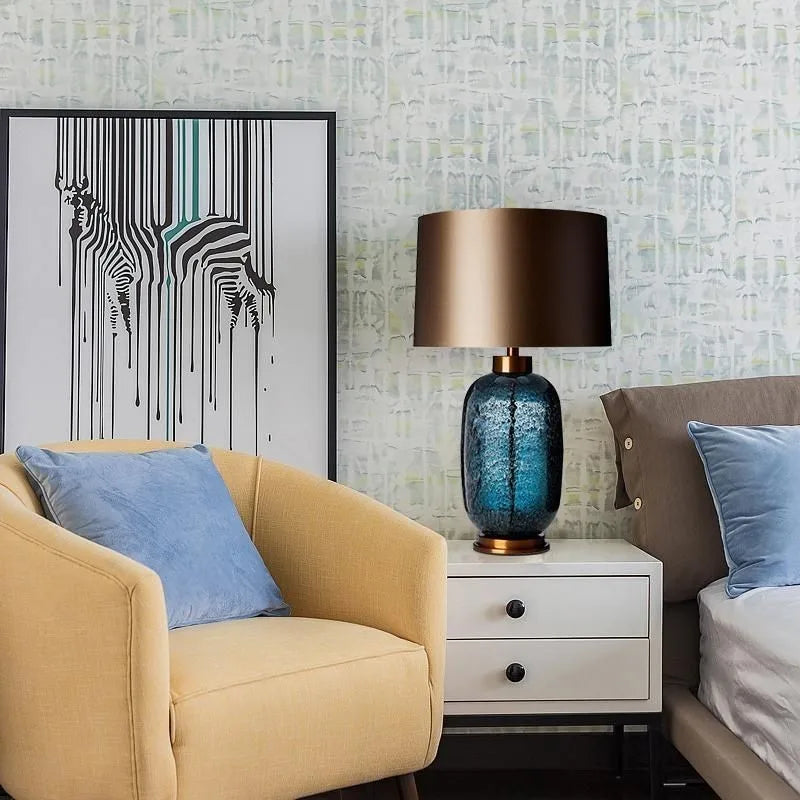 Modern American Blue Glass Floor Lamp Fabric Lampshade Warm LED Light Bedroom Bedside Table Living