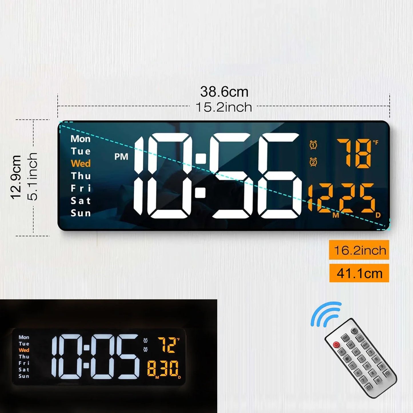 16" LED Digital Wall Clock with Remote