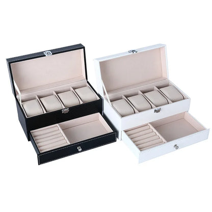 4-Position Double-Layer Multi-Purpose Jewelry Watch Box PU Leather Necklace Earring Bracelet Ring