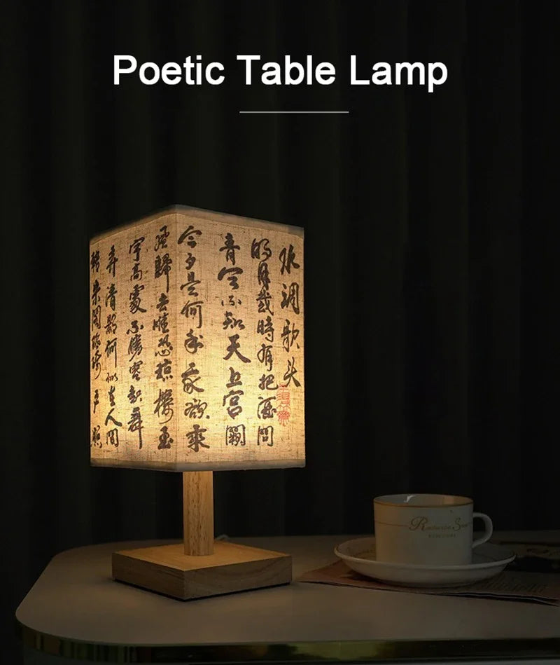 Chinese Style LED Table Lamp Dimmable Fabric Lampshade Square Bedroom Bedside Plug Night Light