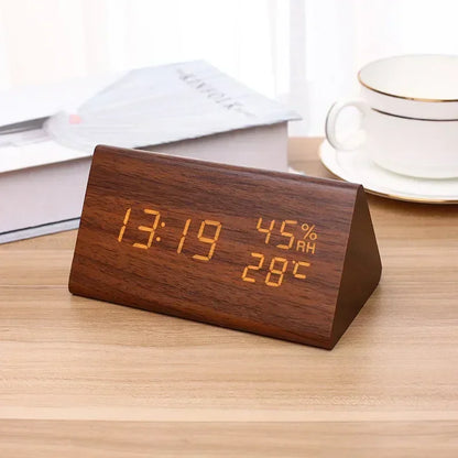 LED Digital Alarm Clock Wooden Desk Clock with Temperature & Sound Control Bedside Alarm Clock