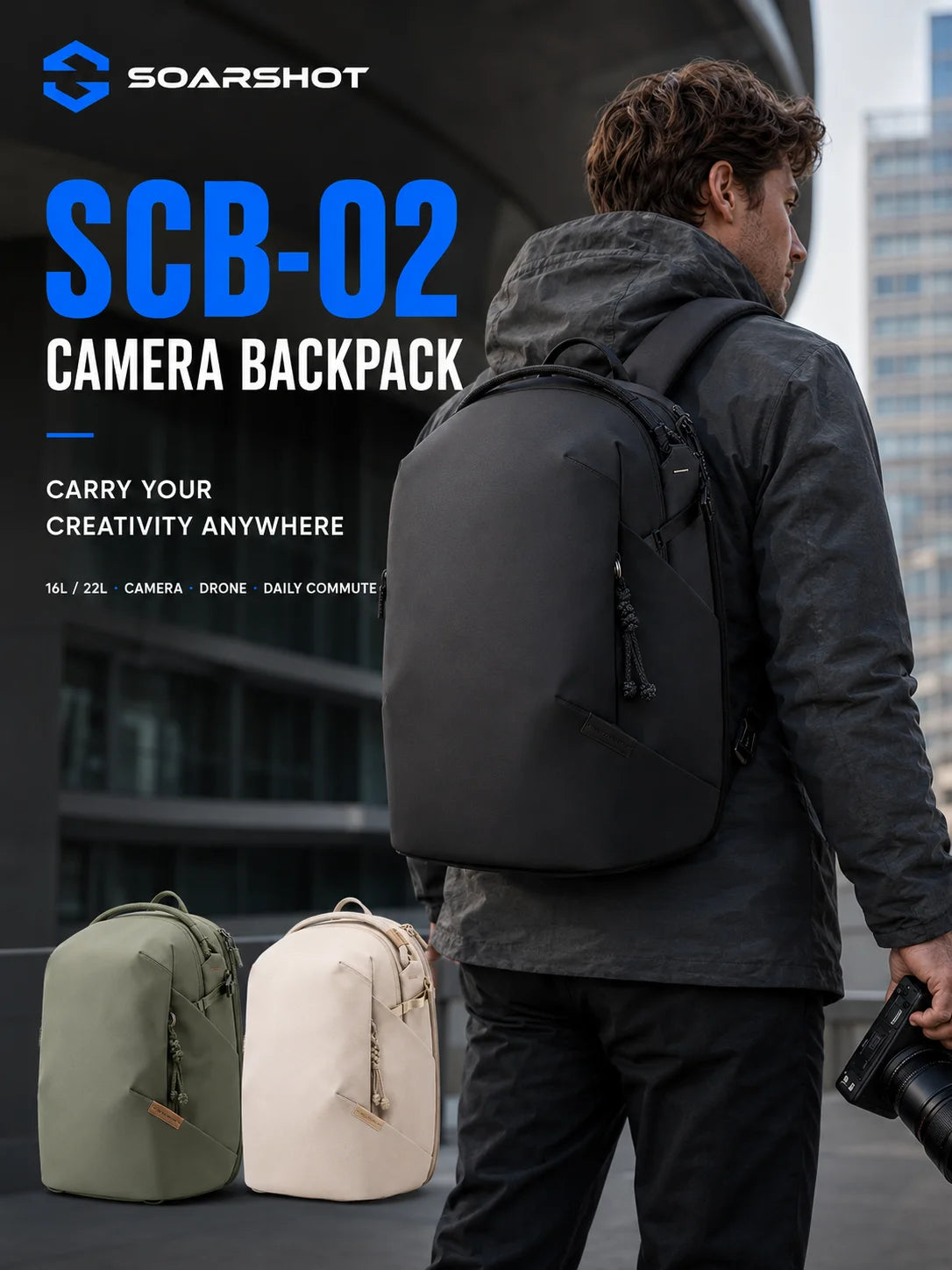 Camera Backpack 16L 22L Water-Resistant Photography Bag