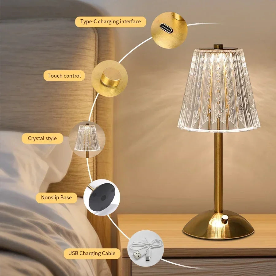 Crystal LED Table Lamp Touch Sensor Rechargeable Night Light Bedroom Bedside Bar Hotel Decor