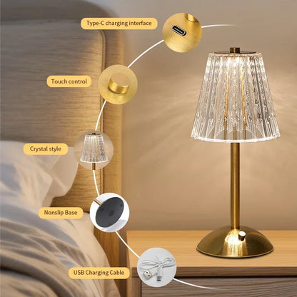 Crystal LED Table Lamp Touch Sensor Rechargeable Night Light Bedroom Bedside Bar Hotel Decor