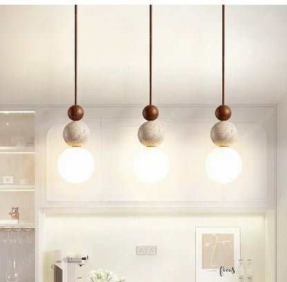 Cream Yellow Travertine Pendant Light Natural Stone Wood Bedroom Bedside Nordic Wabi Sabi Warm