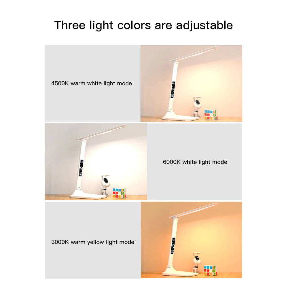 LED Desk Lamp with Clock & Calendar – Foldable Touch Dimmer