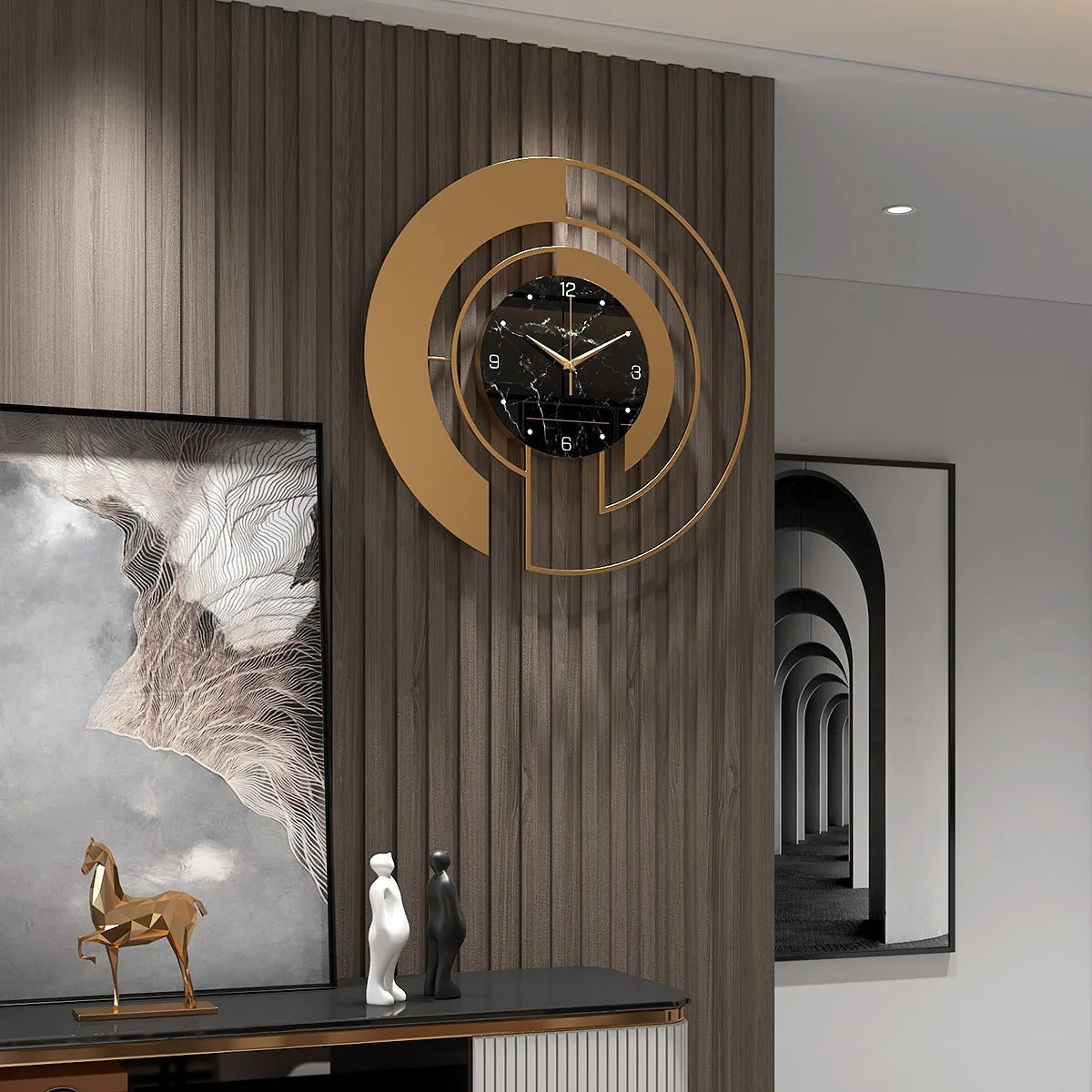 Gold Wall Clock Decorative Art for Living Room Entrance Metal Frame Silent Non-Ticking Home Decor