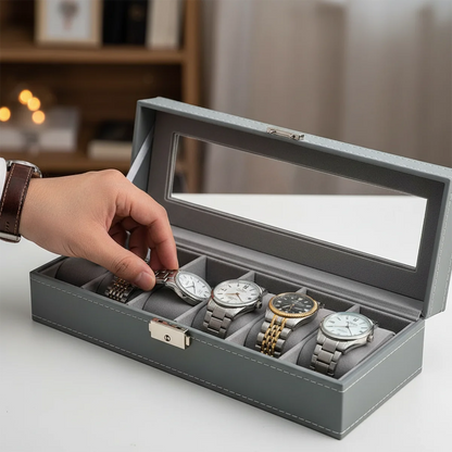 6-Slot Watch Box with Lock Built-in Mirror Gray Faux Leather Organizer Soft Protective Lining