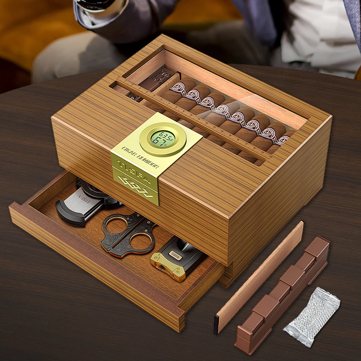 Cigar Box Humidor with Hygrometer and Humidifier Cedar Wooden Case Drawer Divider Length Gauge