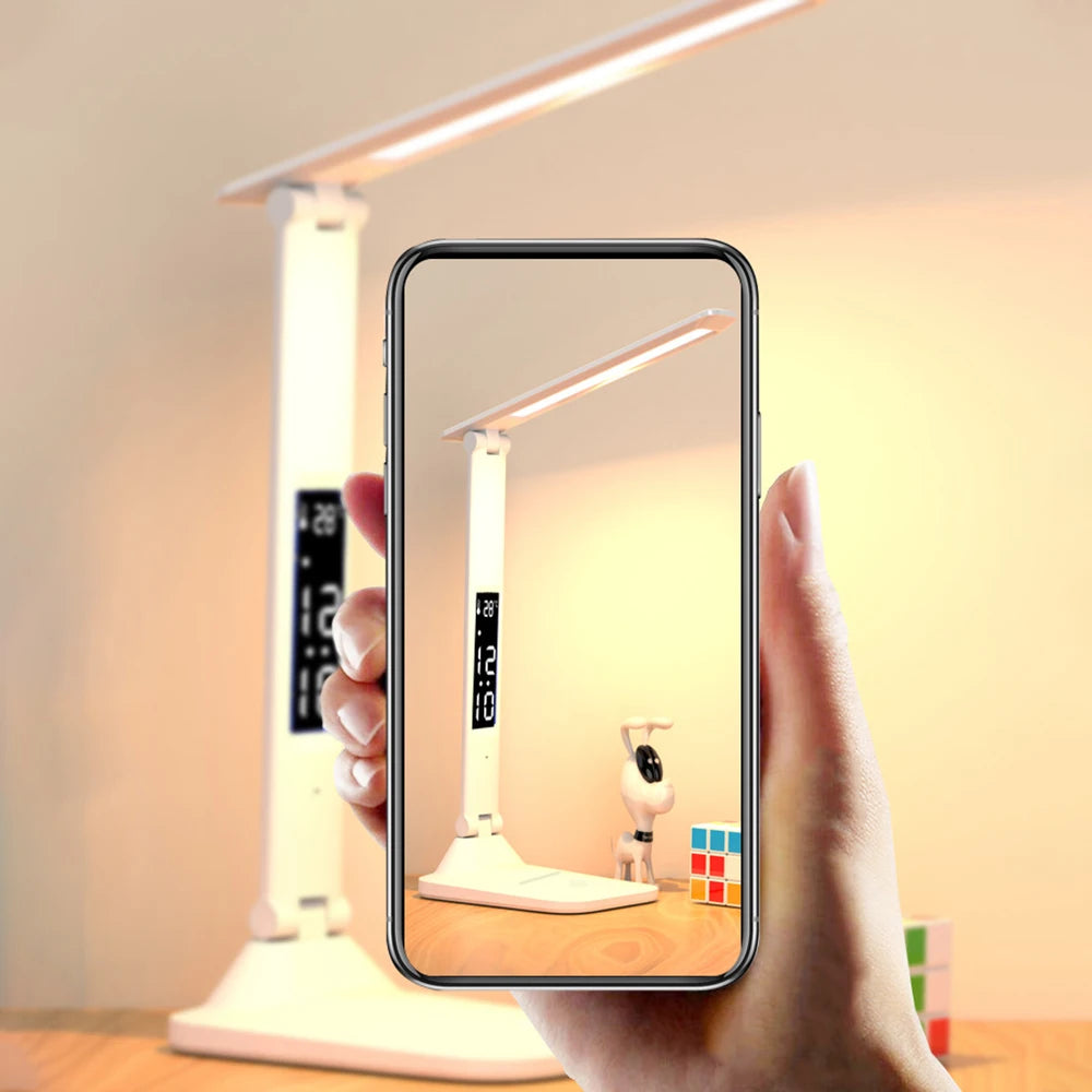 LED Desk Lamp with Clock & Calendar – Foldable Touch Dimmer