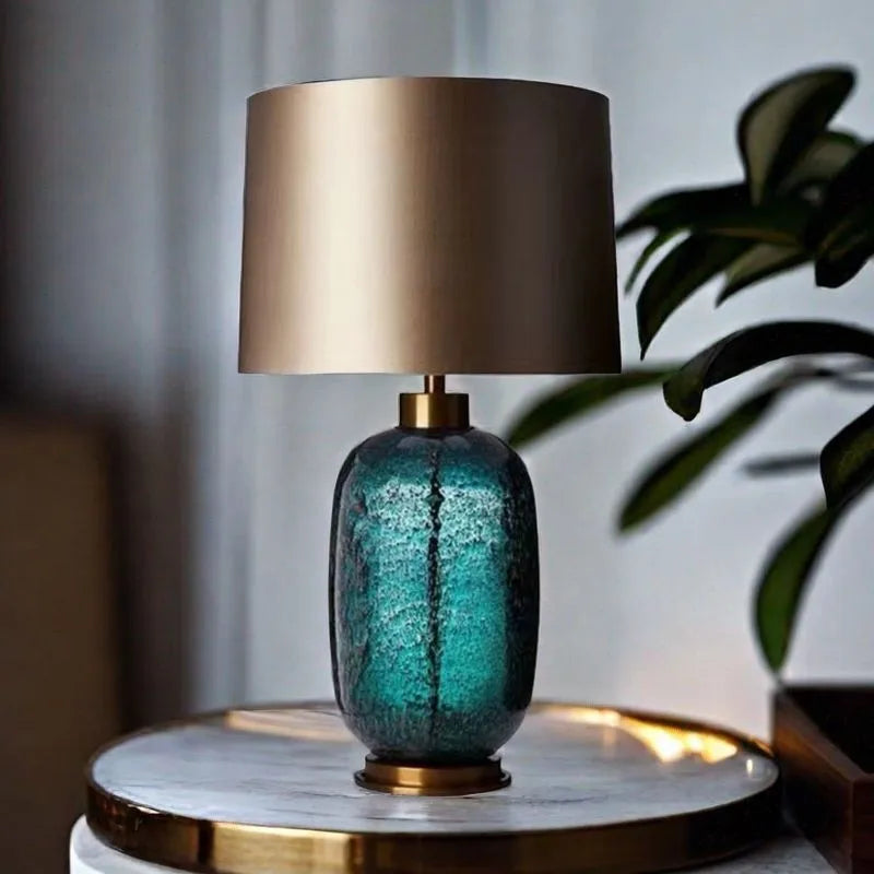 Modern American Blue Glass Floor Lamp Fabric Lampshade Warm LED Light Bedroom Bedside Table Living