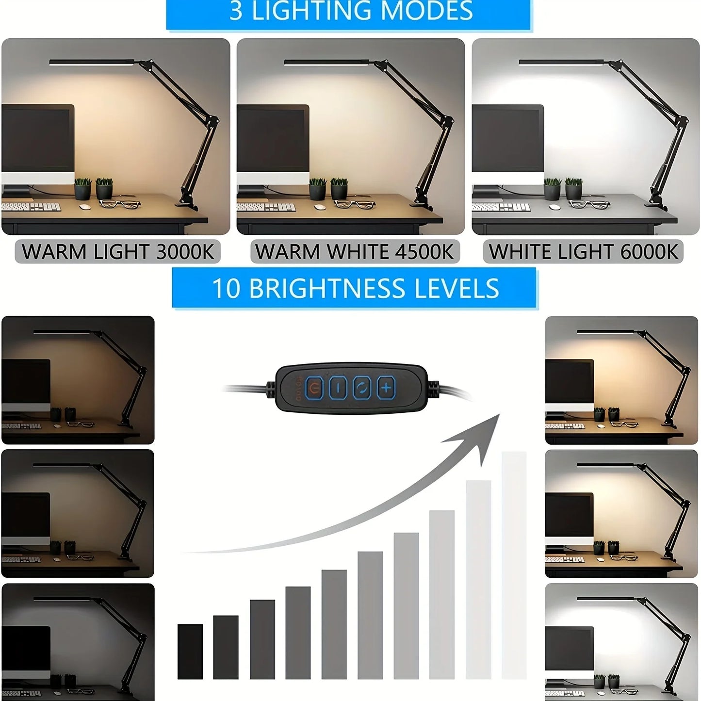 LED Clamp Desk Lamp – 5 Light Modes Auto Shut-Off Eye Protection