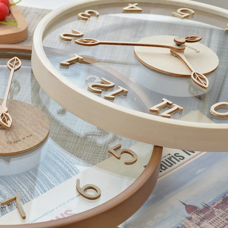 Solid Wood Transparent Glass Wall Clocks Stylish Minimalist Living Room Clock Luxury Creative Home