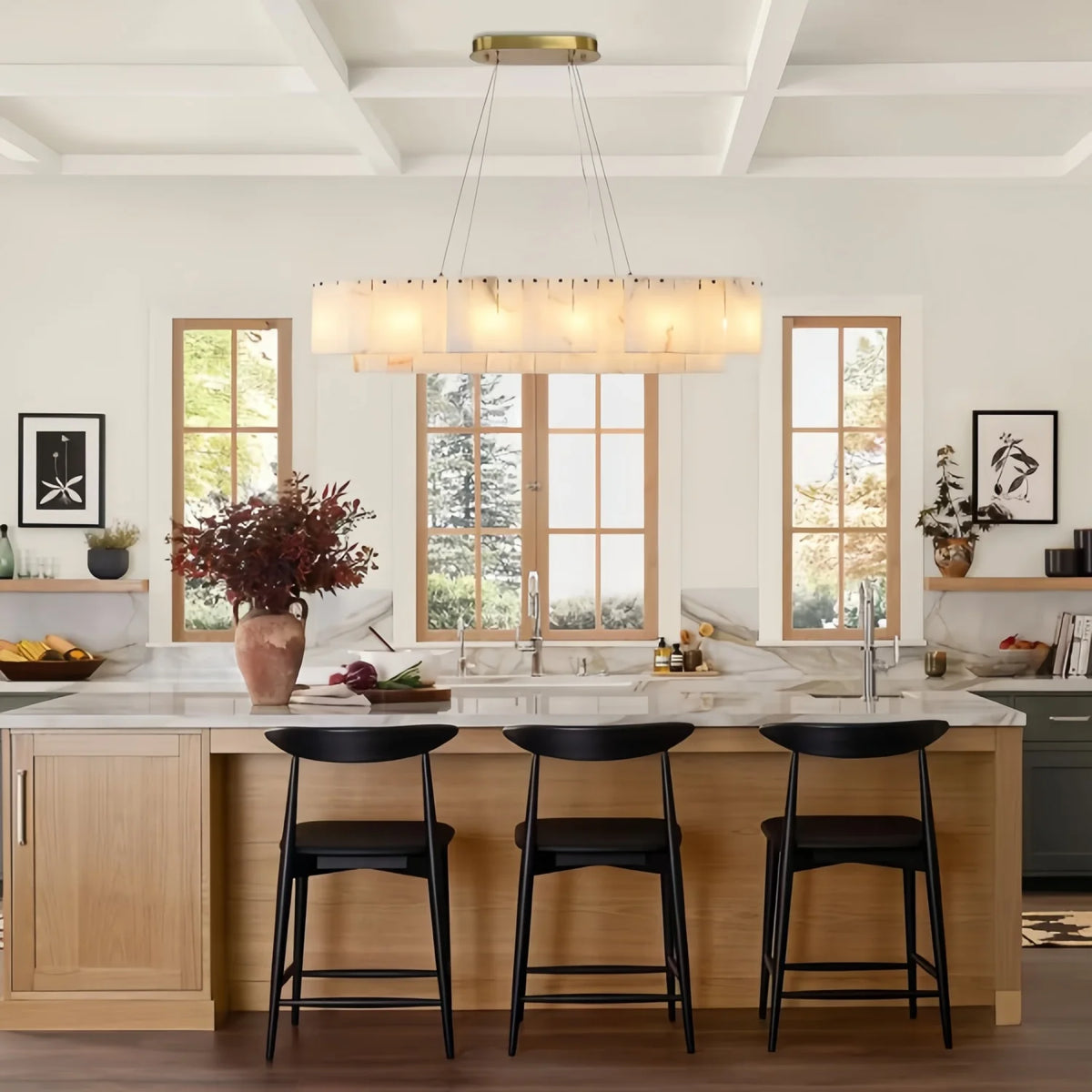 Natural Marble & Brass Ring Chandelier Pendant Light Round Linear & 2-Tier