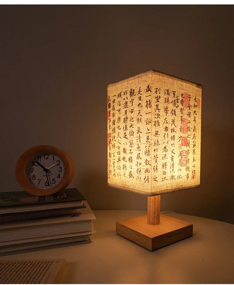 Chinese Style LED Table Lamp Dimmable Fabric Lampshade Square Bedroom Bedside Plug Night Light