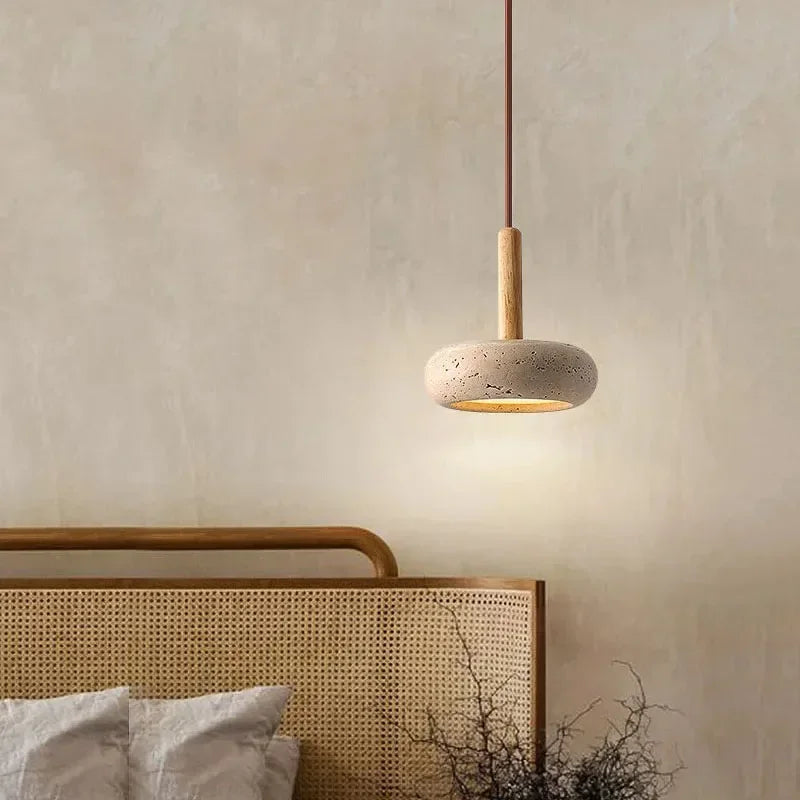 Wabi Sabi Circular Yellow Stone LED Pendant Light Bedroom Bedside Natural Travertine Modern 12W
