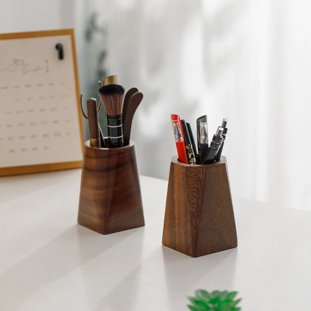 Walnut Wood Pen Pot Holder Desktop Organiser Basket Office Desk Stationery Storage Cup Pencil