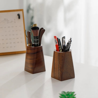 Walnut Wood Pen Pot Holder Desktop Organiser Basket Office Desk Stationery Storage Cup Pencil