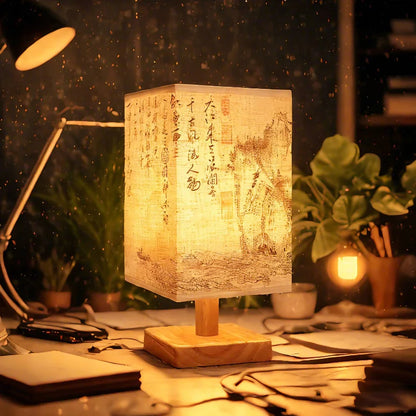 Chinese Style LED Table Lamp Dimmable Fabric Lampshade Square Bedroom Bedside Plug Night Light