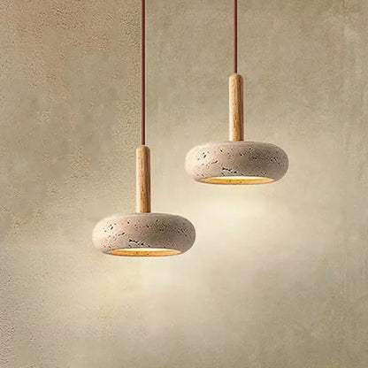 Wabi Sabi Circular Yellow Stone LED Pendant Light Bedroom Bedside Natural Travertine Modern 12W
