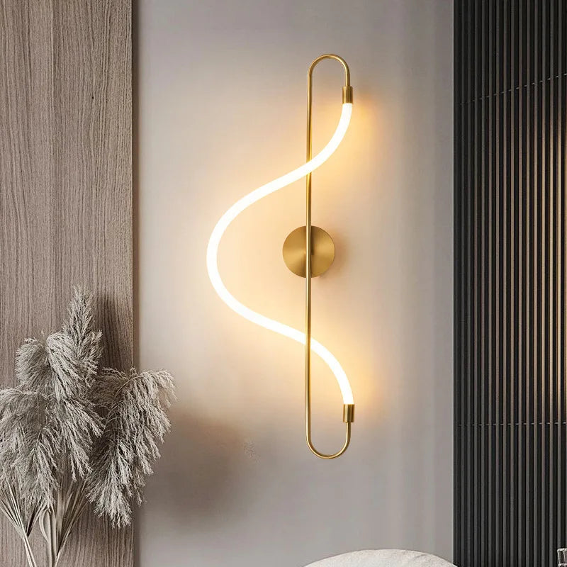 Gold S-Curve LED Wall Sconce Music Note Strip Bedside Light