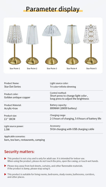 Crystal LED Table Lamp Touch Sensor Rechargeable Night Light Bedroom Bedside Bar Hotel Decor