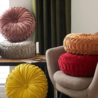 Pleated Velvet Pumpkin Cushion Round Floor & Chair Pillow 35cm