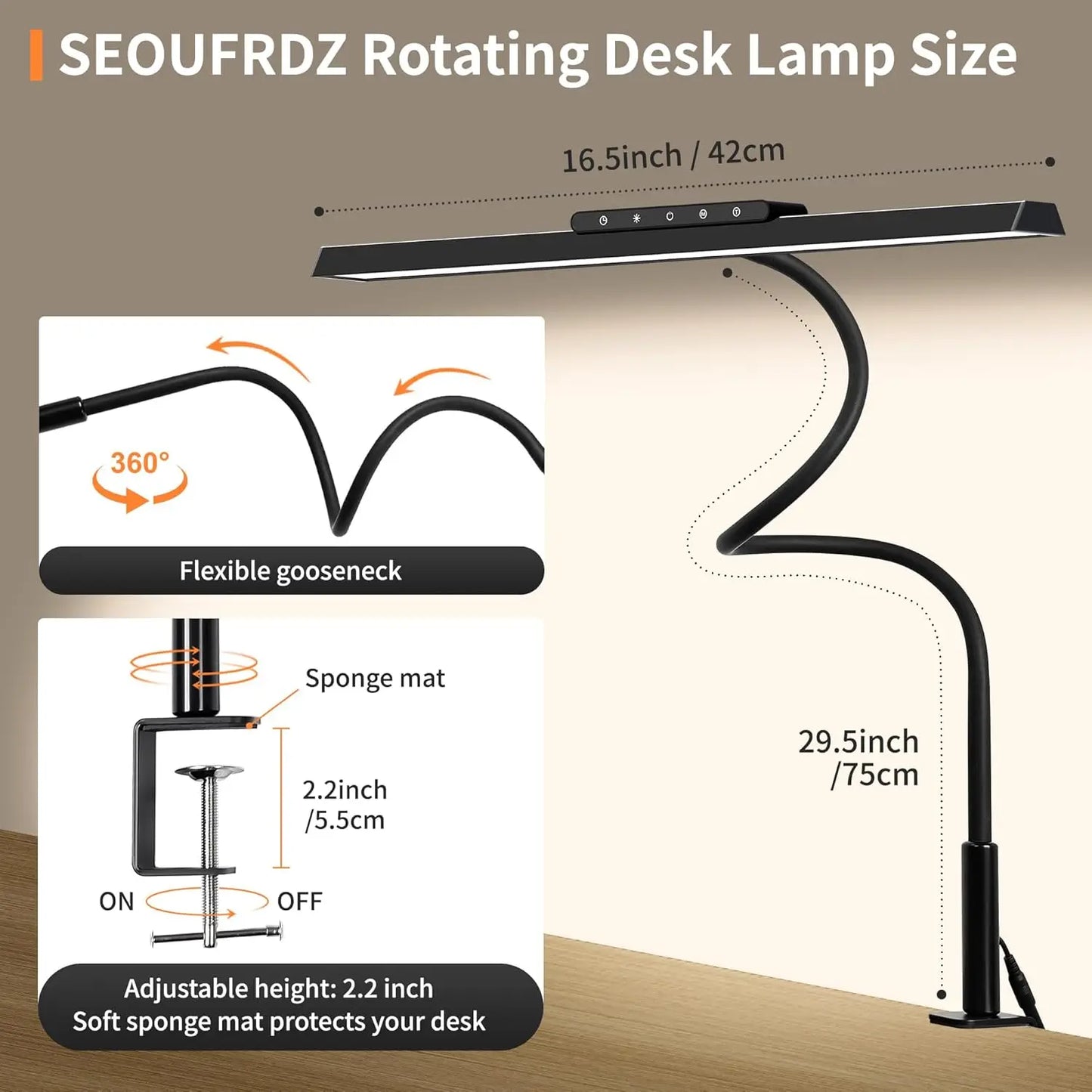 LED Clamp Desk Lamp – 3 Colours Stepless Dimming Memory Function