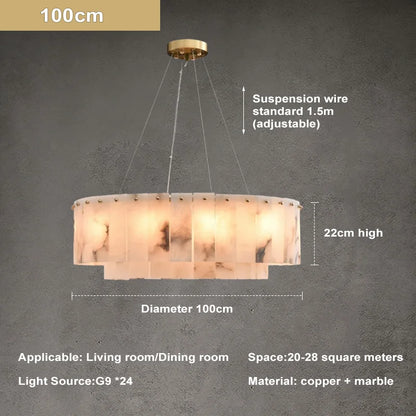 Natural Marble & Brass Ring Chandelier Pendant Light Round Linear & 2-Tier